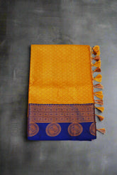 Mango Yellow Banarasi Semi Silk Saree with Blue Border - MIRASILKS Mango Yellow Banarasi Semi Silk Saree with Blue Border